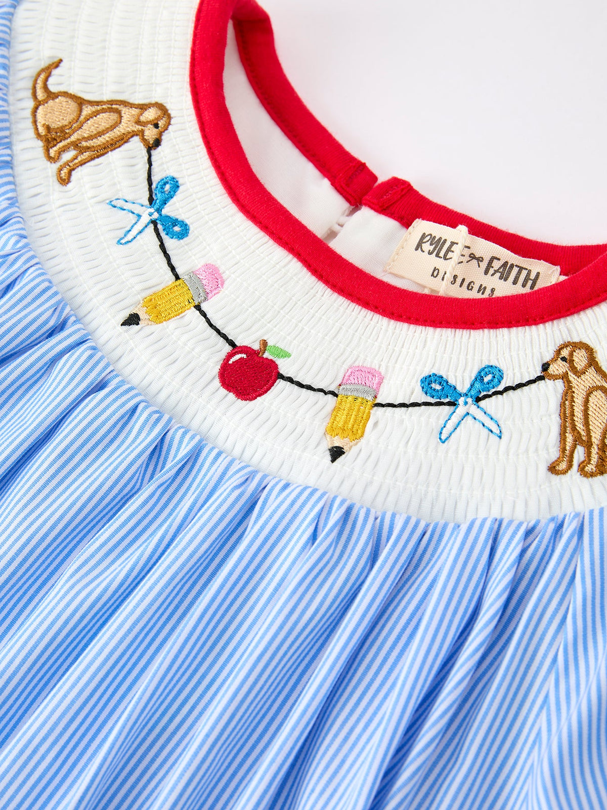 Rylee Faith Designs toddler girl's dress with 'Back To School' embroidery, perfect for fall