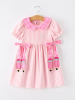 Rylee Faith Girls Pink Plaid Dress with Petals Collar and Pencil Applique, perfect for Back to School