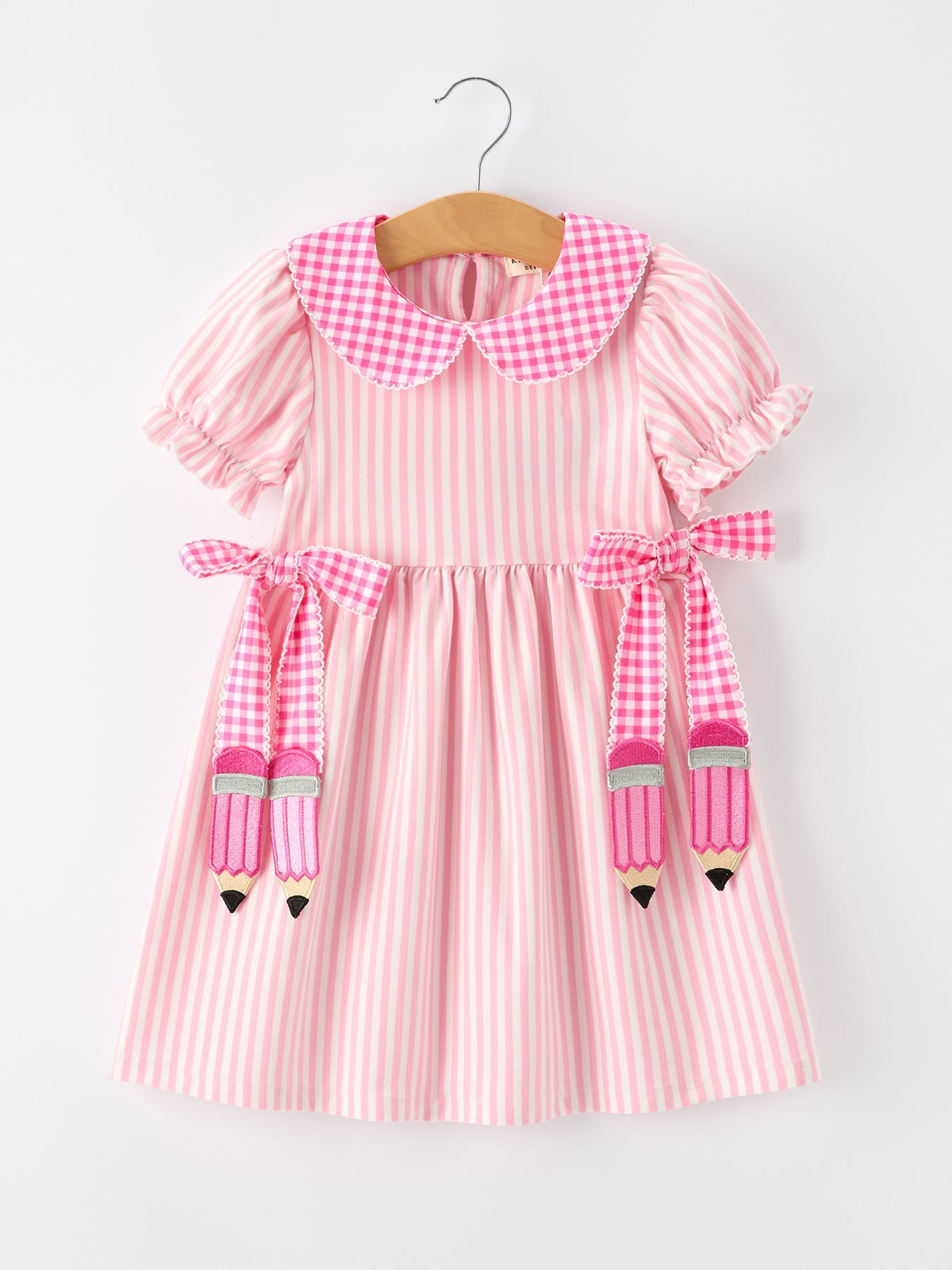 Rylee Faith Girls Pink Plaid Dress with Petals Collar and Pencil Applique, perfect for Back to School