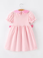 Rylee Faith Girls Pink Plaid Dress with Petals Collar and Pencil Applique, perfect for Back to School