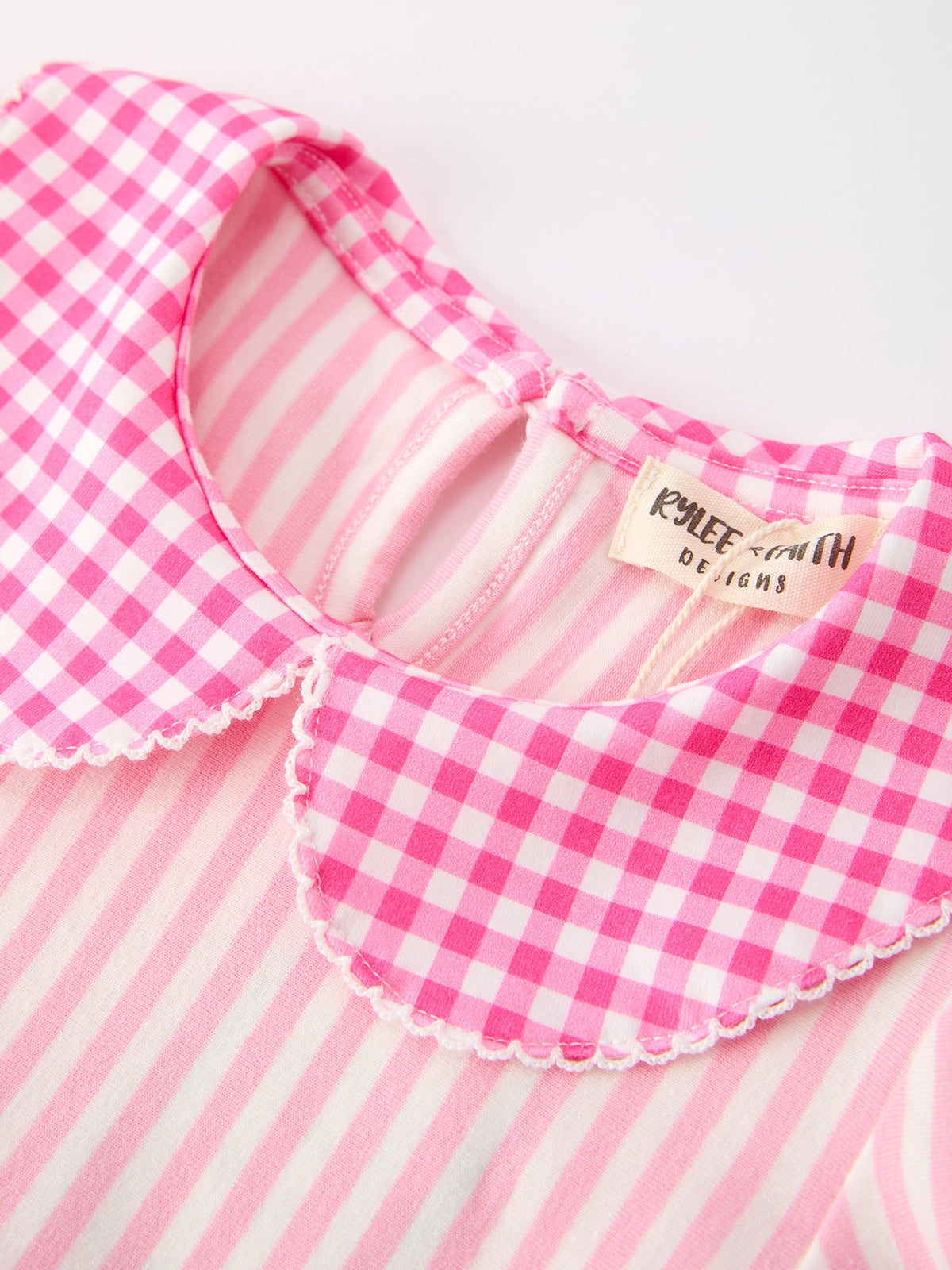 Rylee Faith Girls Pink Plaid Dress with Petals Collar and Pencil Applique, perfect for Back to School