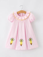 Back to School Pink Pencil Applique Ruffle Collar Girls Dress - Sleeve, Collar, Fashion, Pink, Day Dress | Everetts Place
