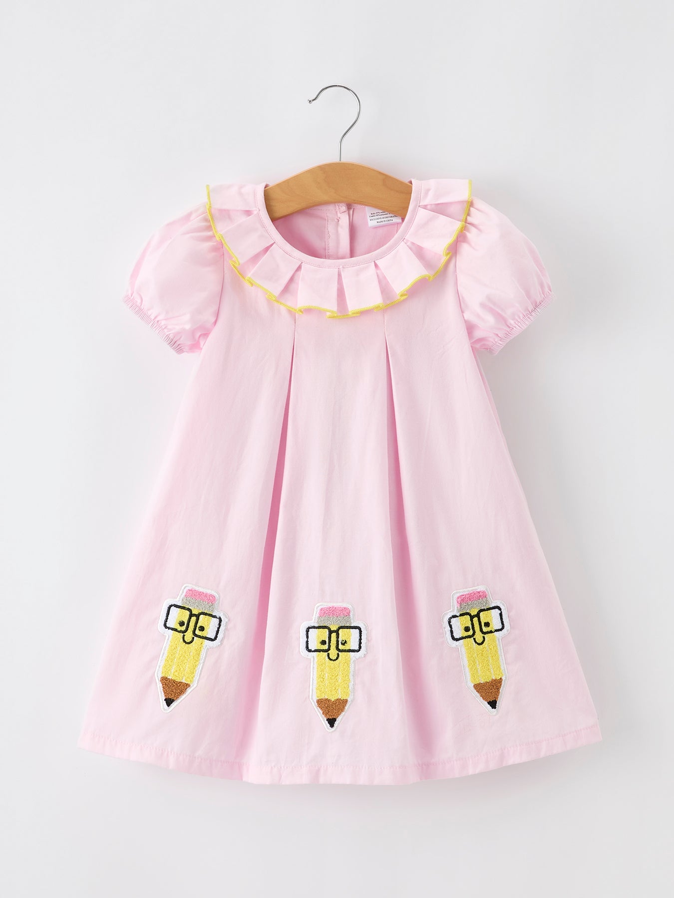 Back to School Pink Pencil Applique Ruffle Collar Girls Dress - Sleeve, Collar, Fashion, Pink, Day Dress | Everetts Place