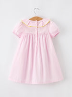 Rylee Faith Designs pink pencil applique girls dress with ruffle collar.