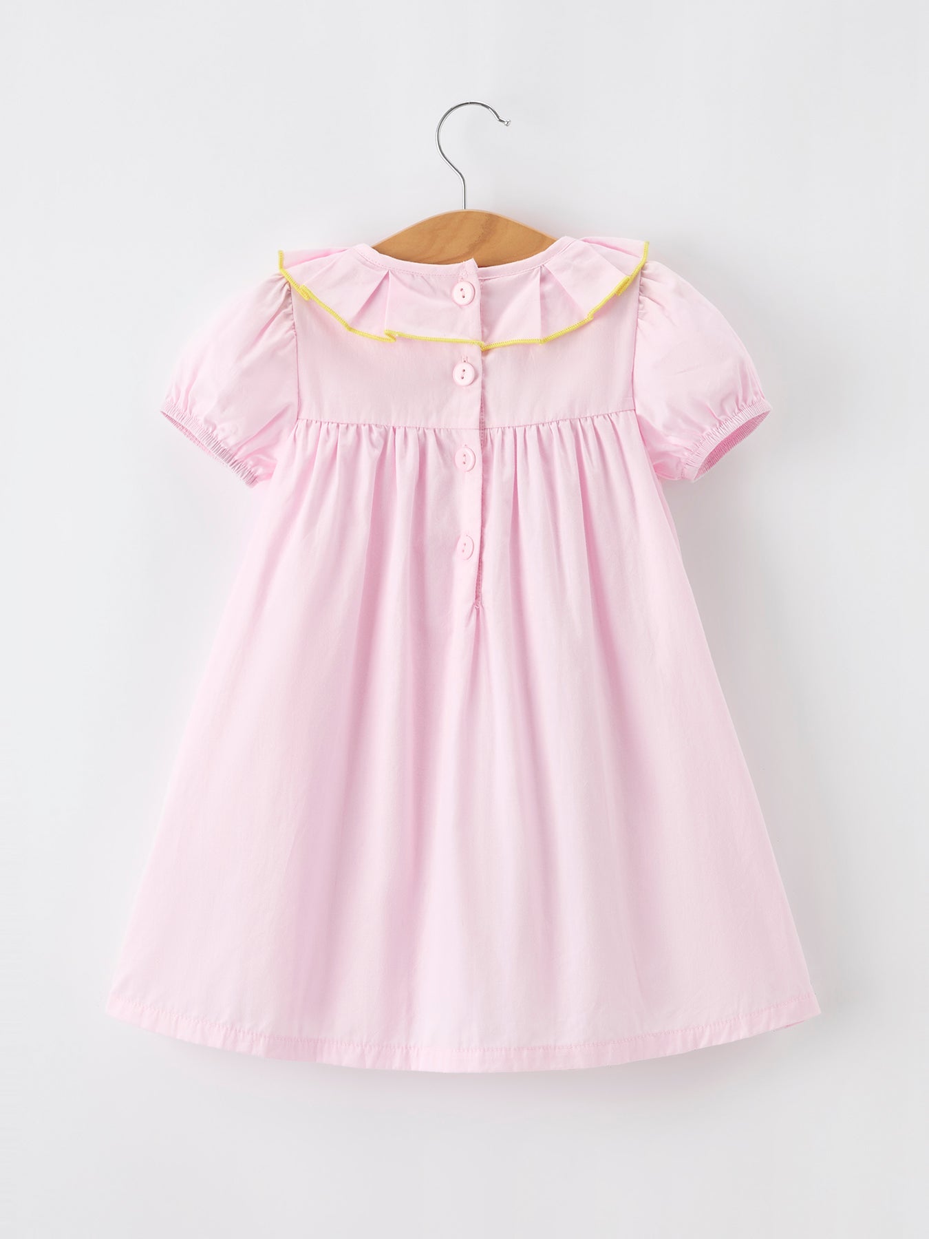 Rylee Faith Designs pink pencil applique girls dress with ruffle collar.