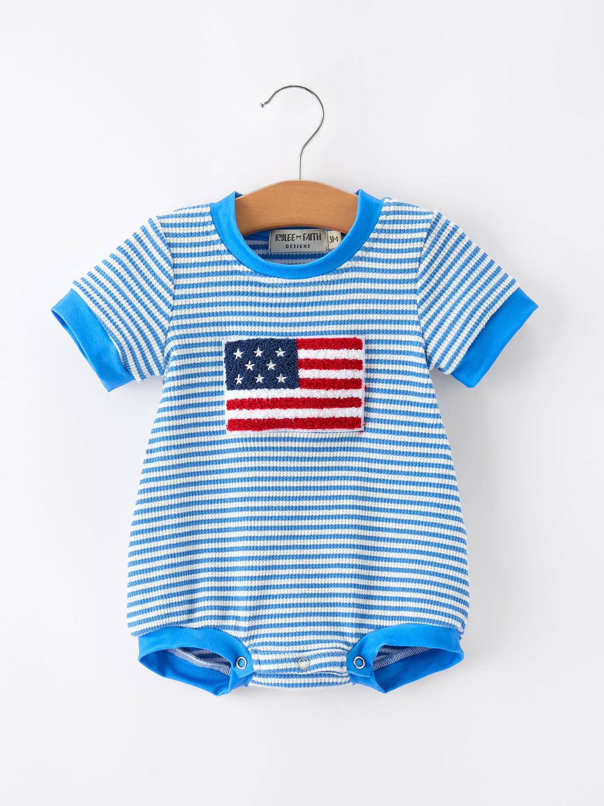4th of July Flag Chenille Baby Boy Romper Blue Stripe by Rylee Faith Designs at Everetts Place