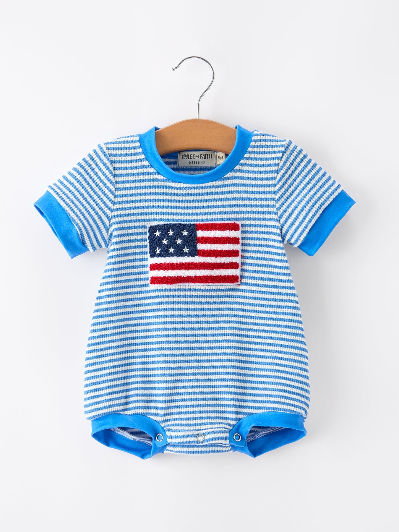 4th of July Flag Chenille Baby Boy Romper Blue Stripe by Rylee Faith Designs at Everetts Place