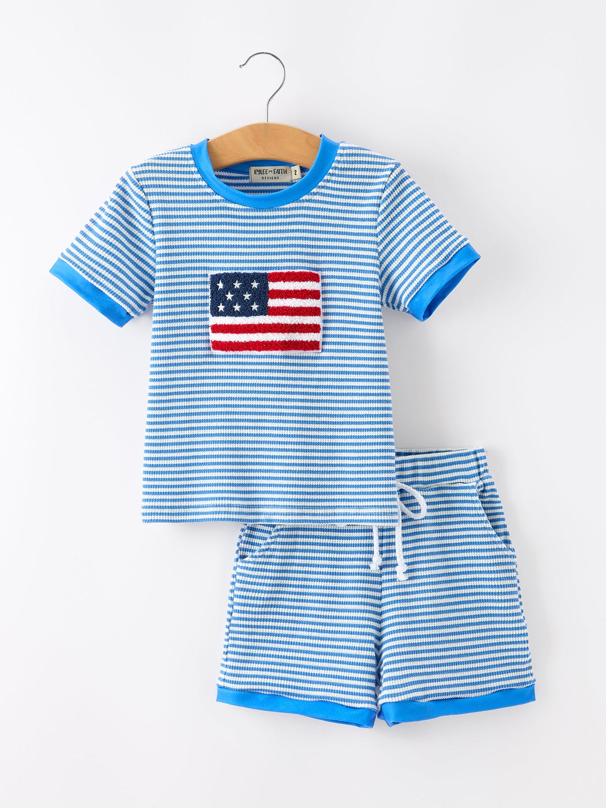 4th of July Flag Chenille Boys Set Blue Stripe Shorts by Rylee Faith Designs at Everetts Place