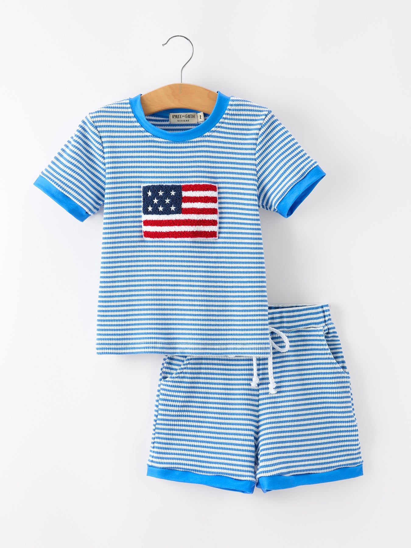 4th of July Flag Chenille Boys Set Blue Stripe Shorts by Rylee Faith Designs at Everetts Place