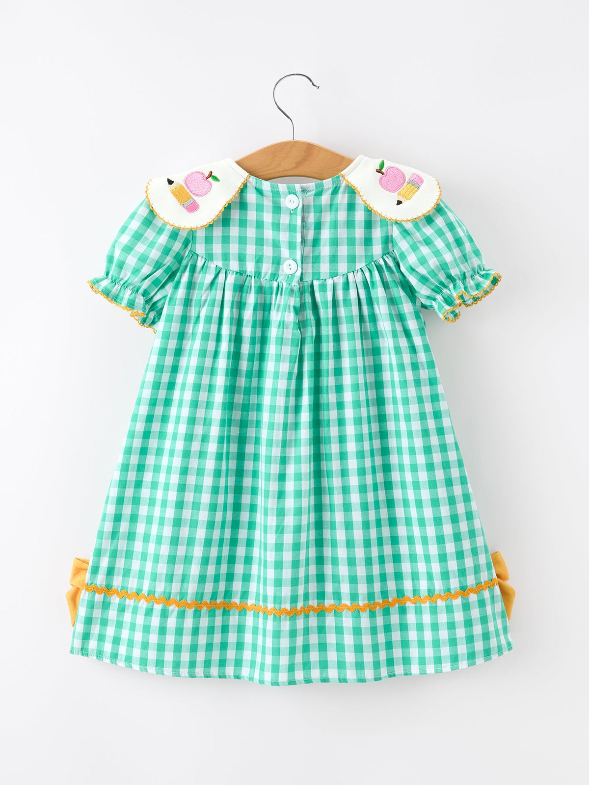 Rylee Faith Designs girls Back to School apple pencil applique dress, petals collar.