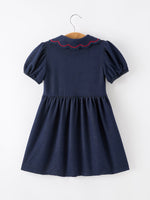 Rylee Faith Designs Back to School apple applique girls dress, petals collar.