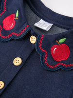 Rylee Faith Designs girls dress with apple applique and petals collar.