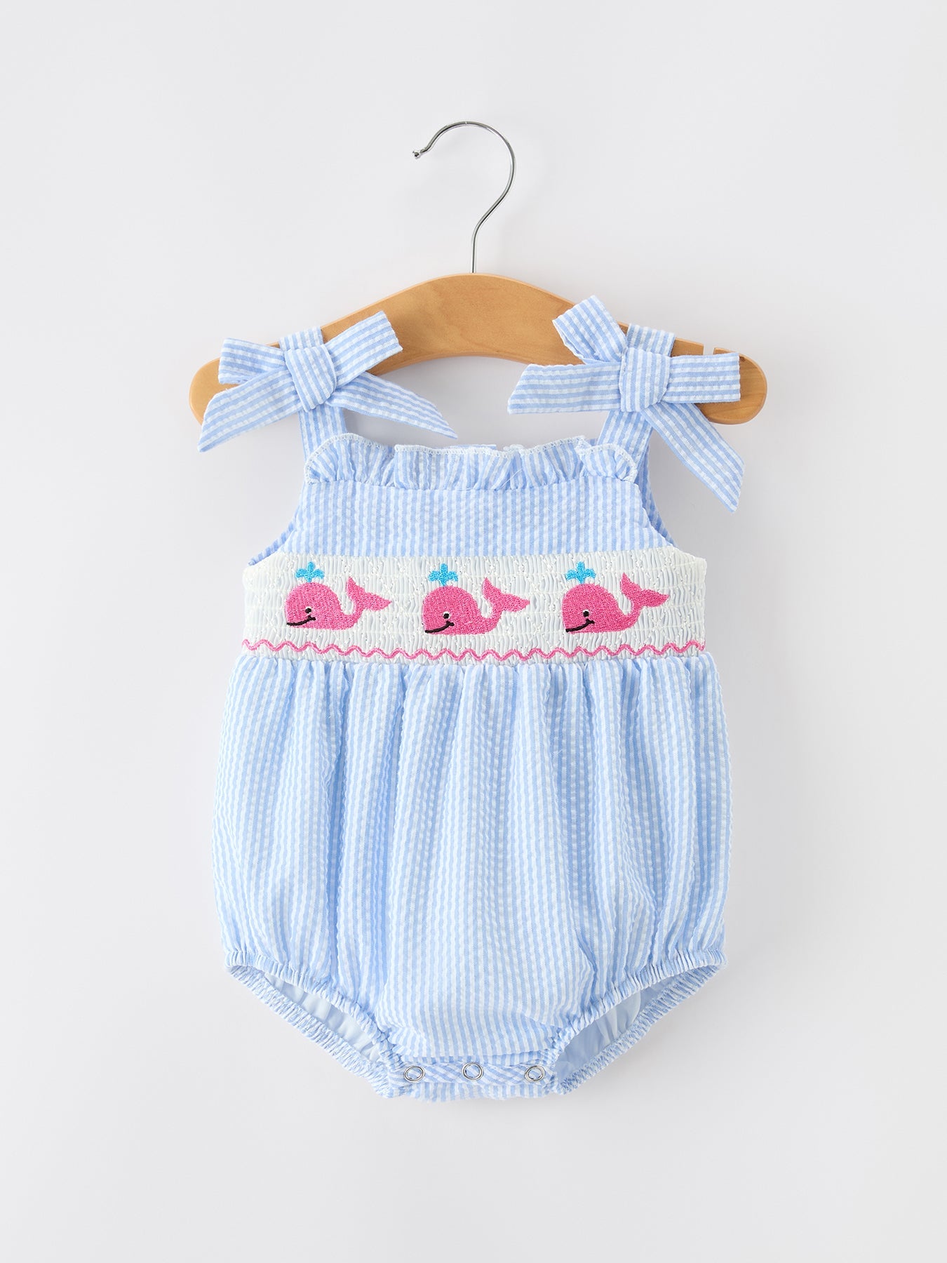 Whale Embroidered Smocked Seersucker Baby Girl Romper Bow by Rylee Faith Designs at Everetts Place