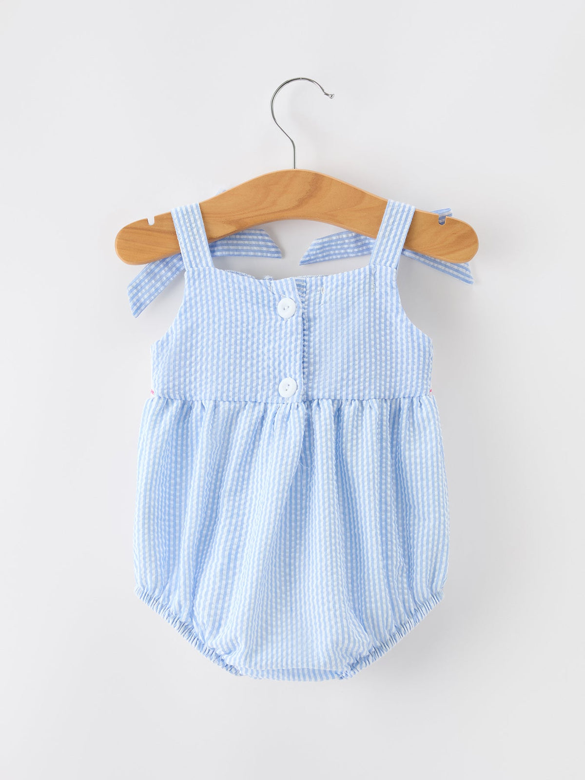Whale Embroidered Smocked Seersucker Baby Girl Romper Bow by Rylee Faith Designs at Everetts Place