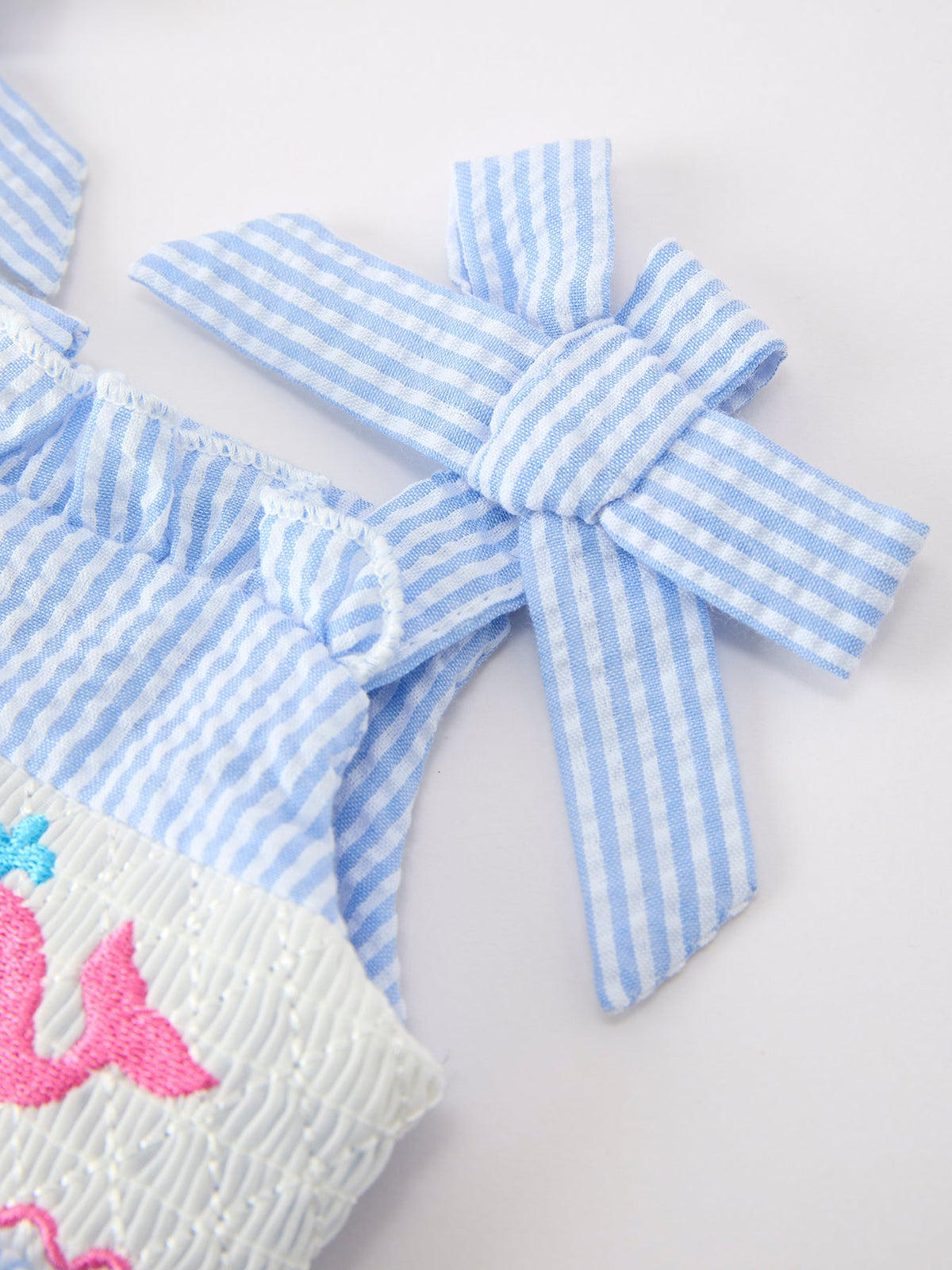 Whale Embroidered Smocked Seersucker Baby Girl Romper Bow by Rylee Faith Designs at Everetts Place