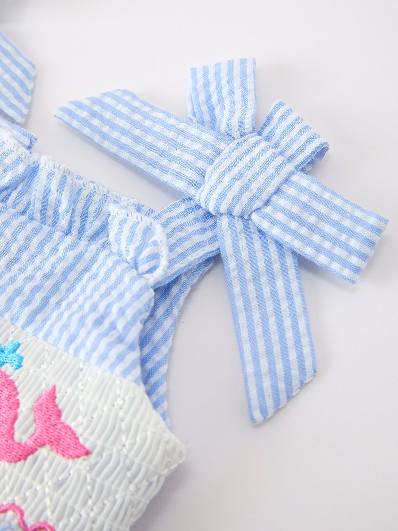 Whale Embroidered Smocked Seersucker Baby Girl Romper Bow by Rylee Faith Designs at Everetts Place