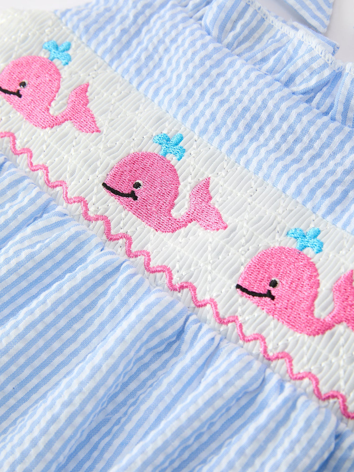 Whale Embroidered Smocked Seersucker Baby Girl Romper Bow by Rylee Faith Designs at Everetts Place