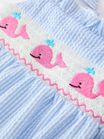 Whale Embroidered Smocked Seersucker Baby Girl Romper Bow by Rylee Faith Designs at Everetts Place