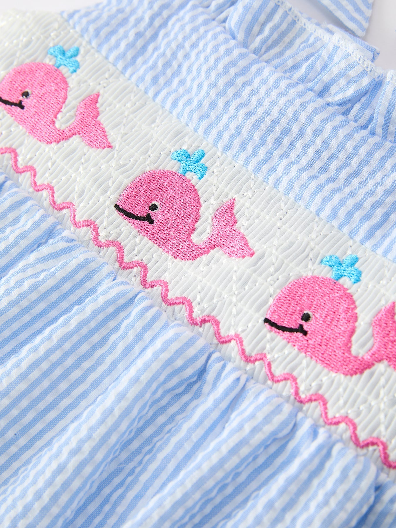 Whale Embroidered Smocked Seersucker Baby Girl Romper Bow by Rylee Faith Designs at Everetts Place
