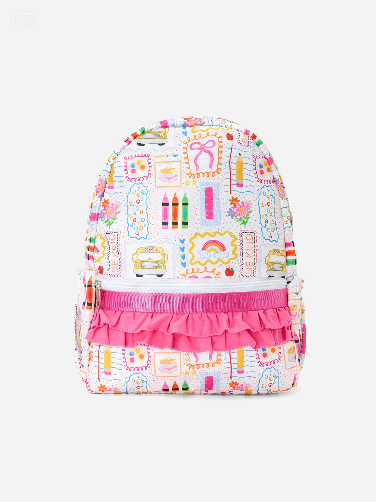 Rylee Faith Designs girls back to school print backpack ruffle bag.