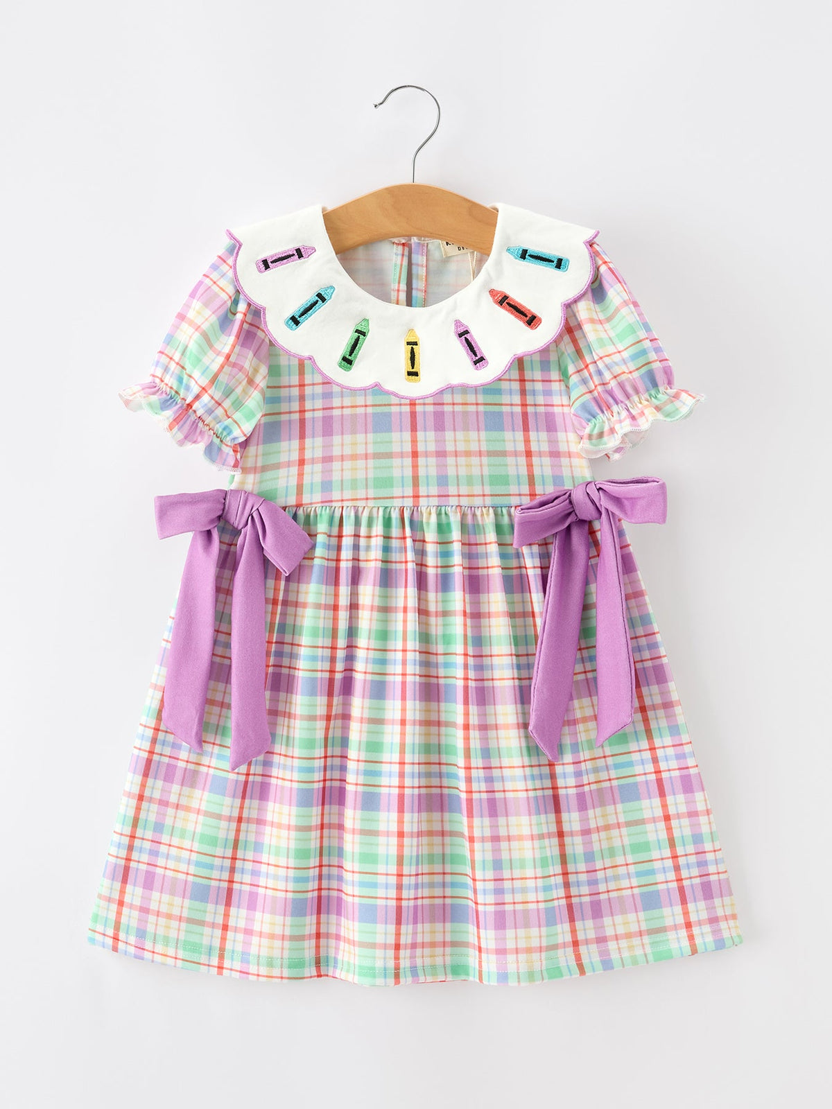 Back To School Plaid Crayon Embroidery Girls Dress Bow Puff Sleeve by Rylee Faith Designs at Everetts Place