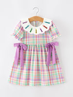 Back To School Plaid Crayon Embroidery Girls Dress Bow Puff Sleeve by Rylee Faith Designs at Everetts Place