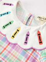 Back To School Plaid Crayon Embroidery Girls Dress Bow Puff Sleeve by Rylee Faith Designs at Everetts Place