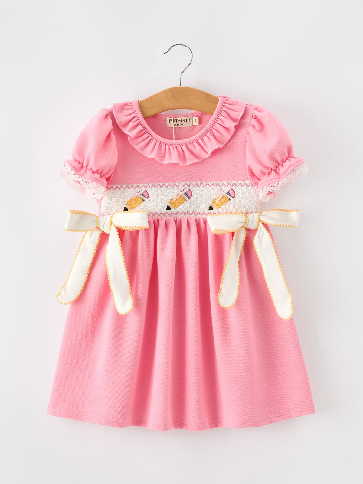 Back To School Embroidery Girls Dress Bow Ruffle Puff Sleeve - Dress, Pink, Fashion, Baby & Toddler Clothing, One-piece garment | Everetts Place