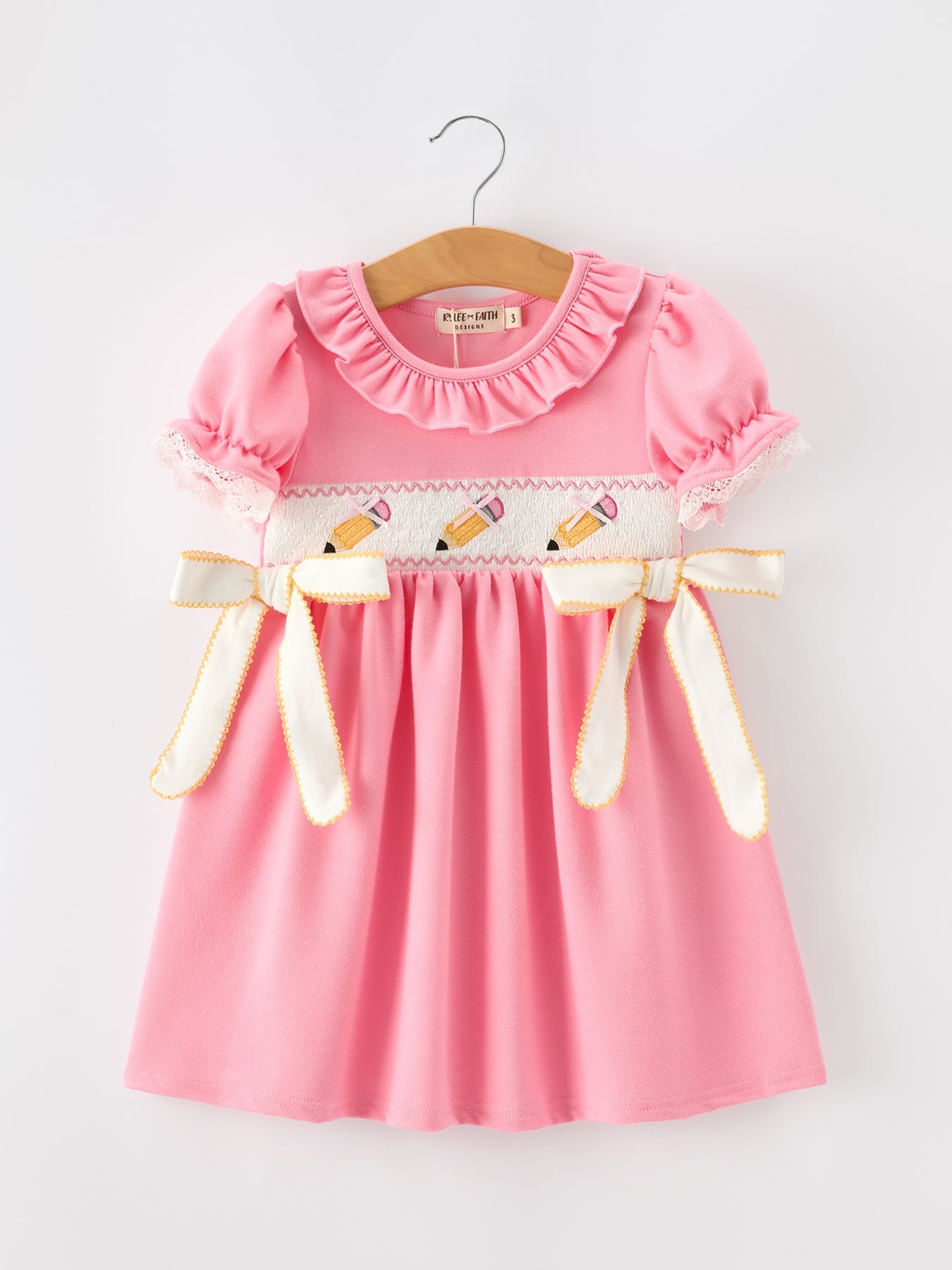 Back To School Embroidery Girls Dress Bow Ruffle Puff Sleeve - Dress, Pink, Fashion, Baby & Toddler Clothing, One-piece garment | Everetts Place