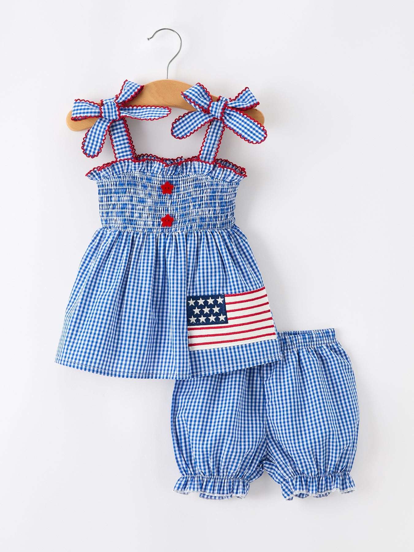 4th of July Plaid Girls Set Flag Star Bow Top Shorts Outfit by Rylee Faith Designs at Everetts Place