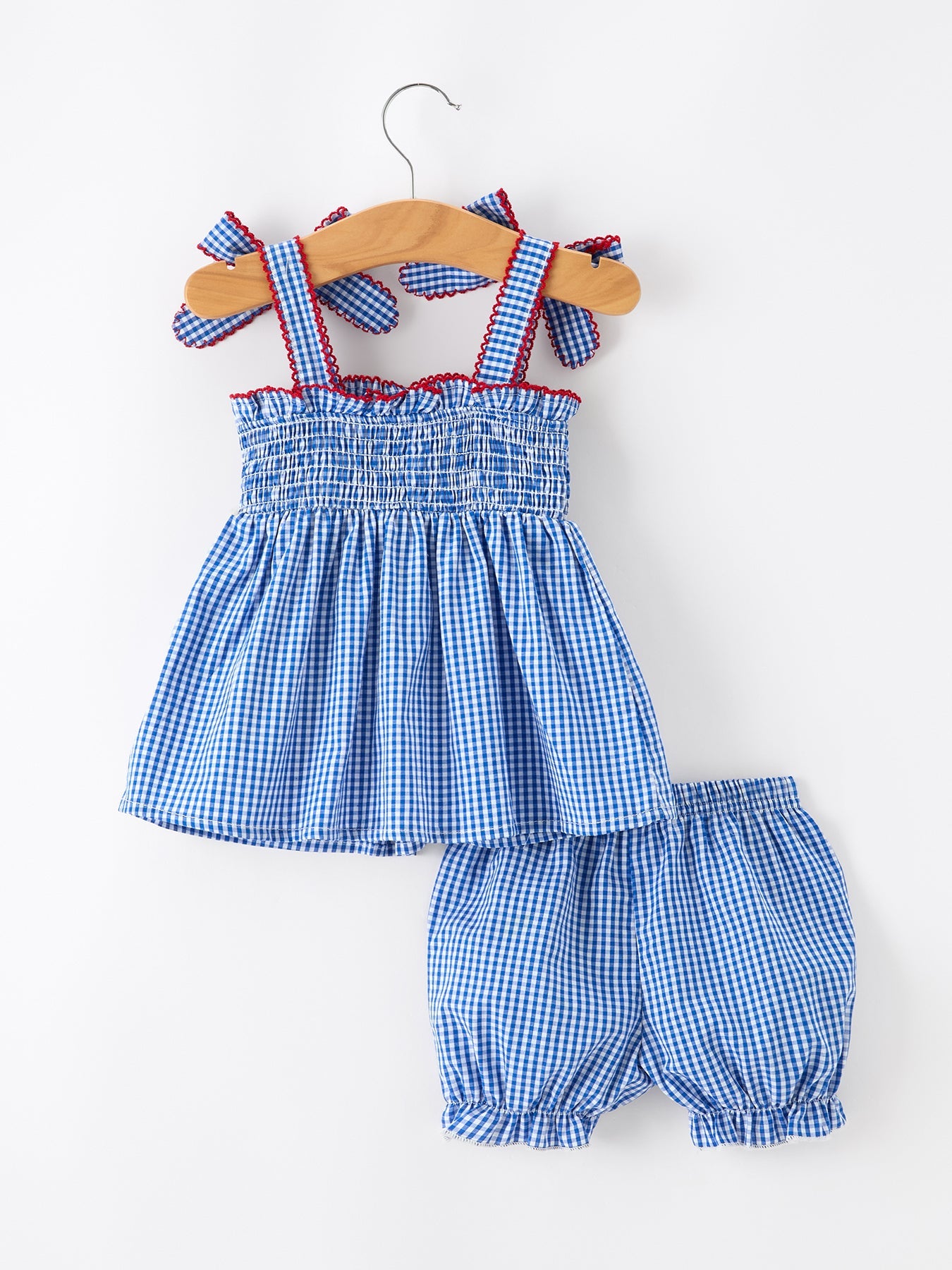 4th of July Plaid Girls Set Flag Star Bow Top Shorts Outfit by Rylee Faith Designs at Everetts Place