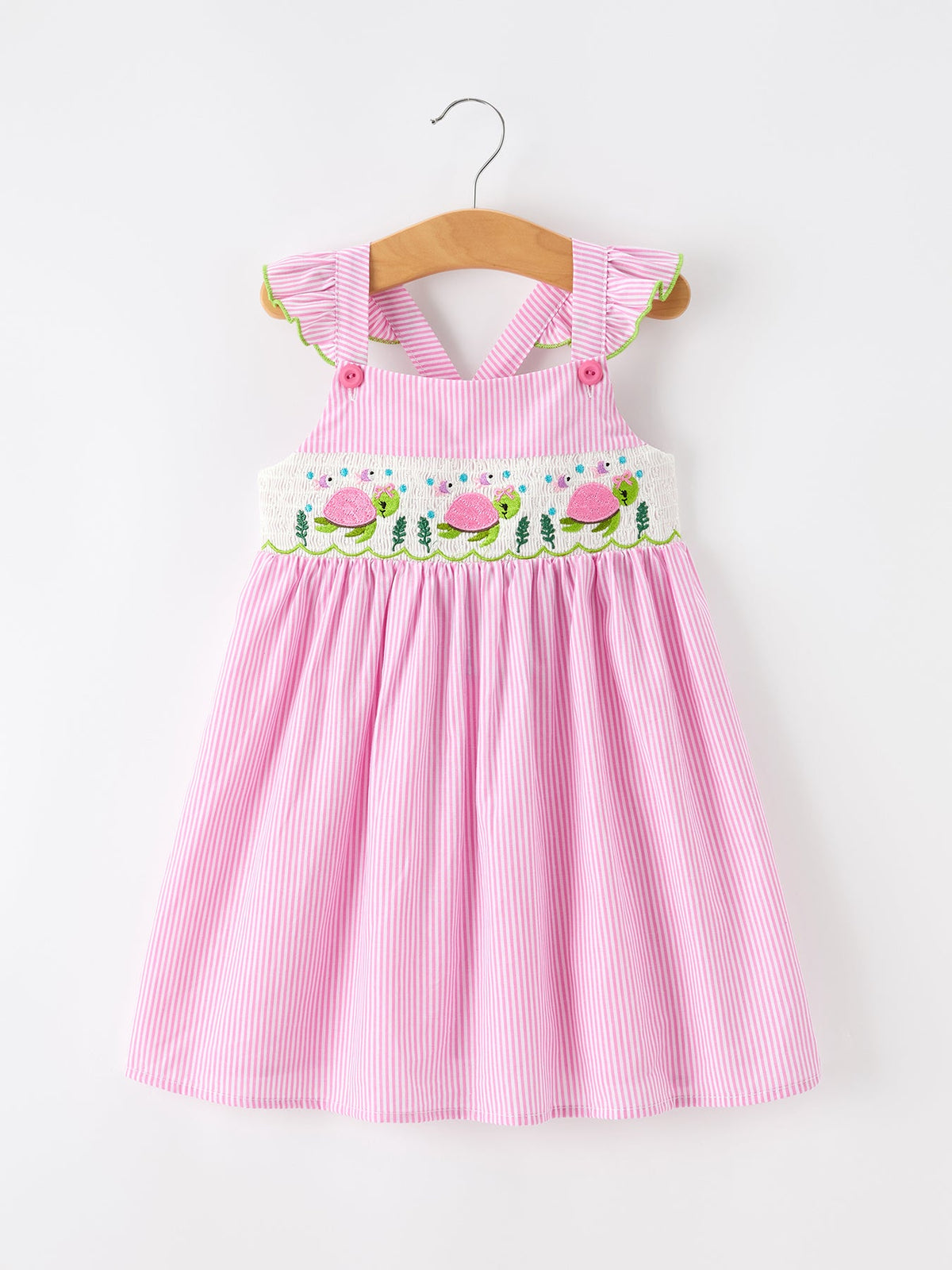 Organic Turtle Girls Dress Pink Stripe Ruffle Strap by Rylee Faith Designs at Everetts Place