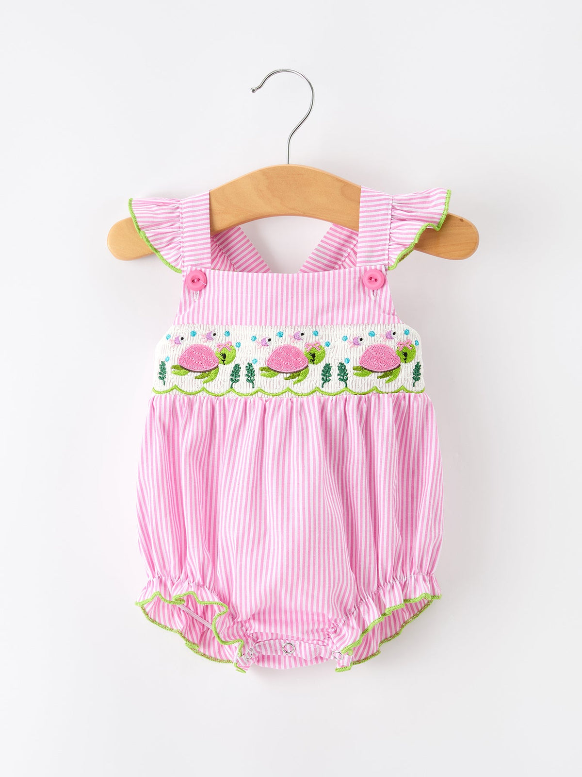 Turtle Girls Romper Pink Stripe Ruffle Strap Smocked by Rylee Faith Designs at Everetts Place