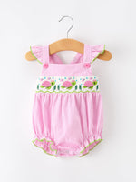 Turtle Girls Romper Pink Stripe Ruffle Strap Smocked by Rylee Faith Designs at Everetts Place