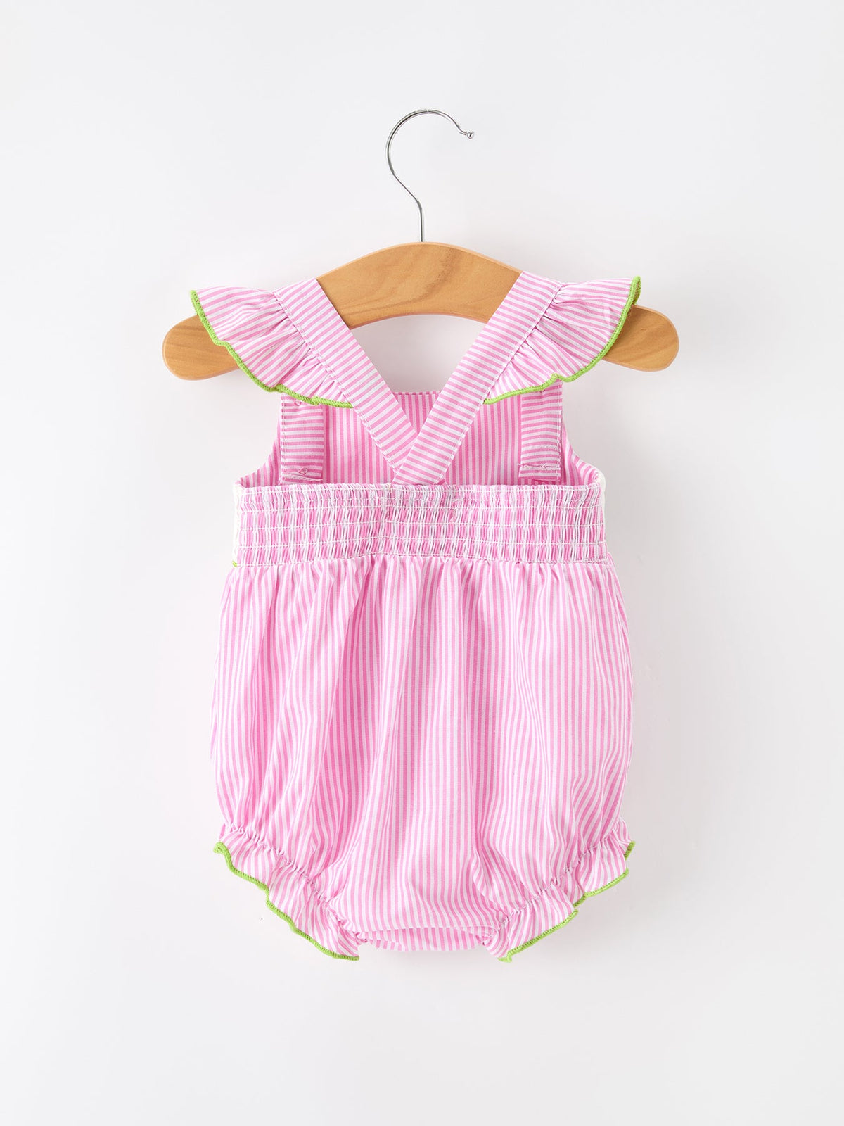 Turtle Girls Romper Pink Stripe Ruffle Strap Smocked by Rylee Faith Designs at Everetts Place