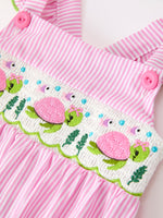 Turtle Girls Romper Pink Stripe Ruffle Strap Smocked by Rylee Faith Designs at Everetts Place