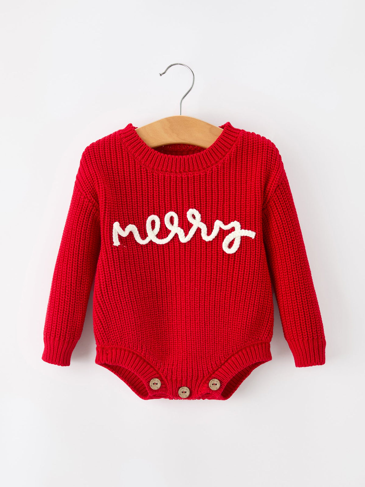 Red Christmas Girls “merry” Knit Baby Romper by Rylee Faith Designs