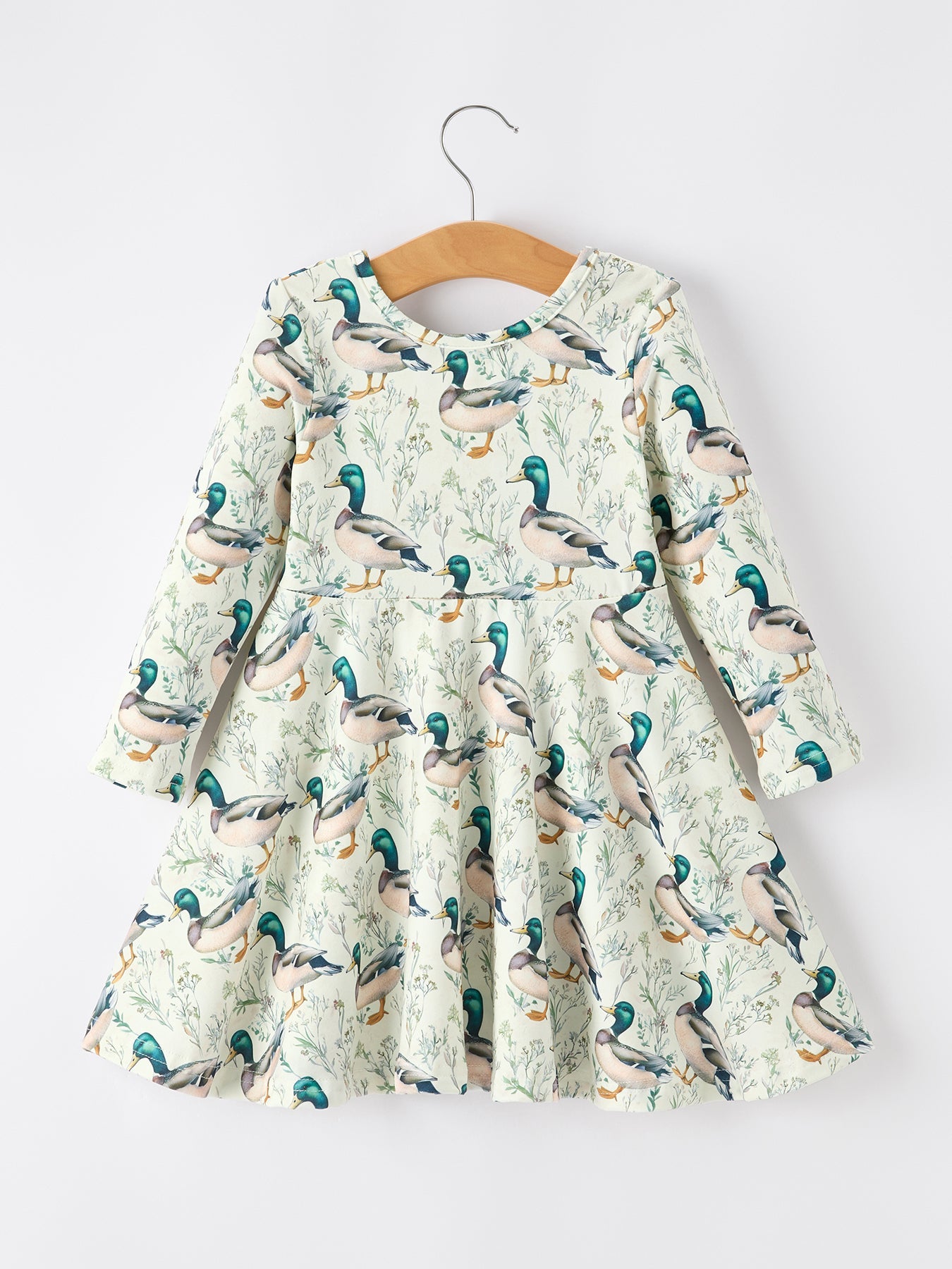 Polyester Spandex Long Sleeve Twirl Dress, Duck Print
