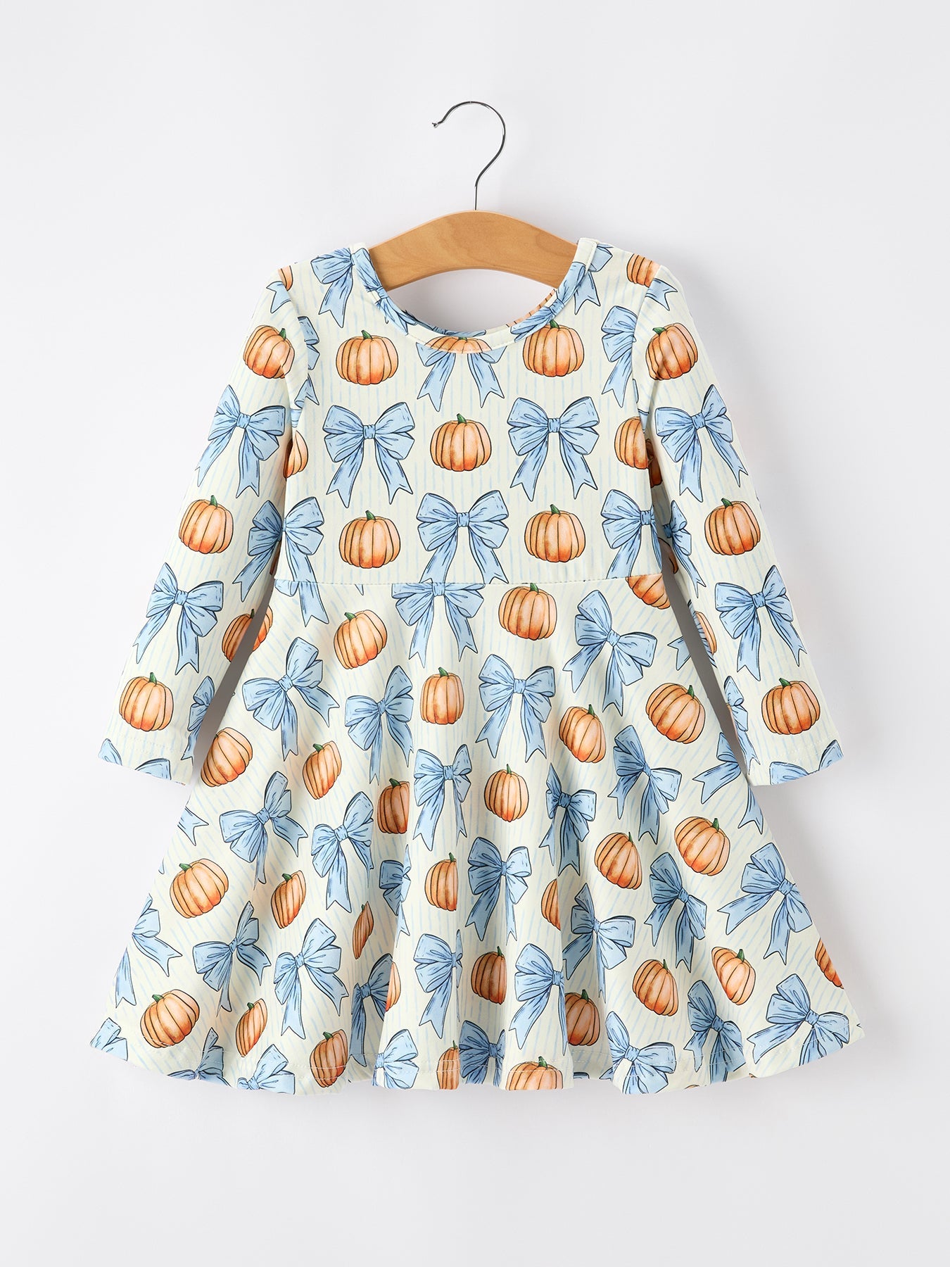 Long Sleeve Girls Dress, Pumpkin Bow Print