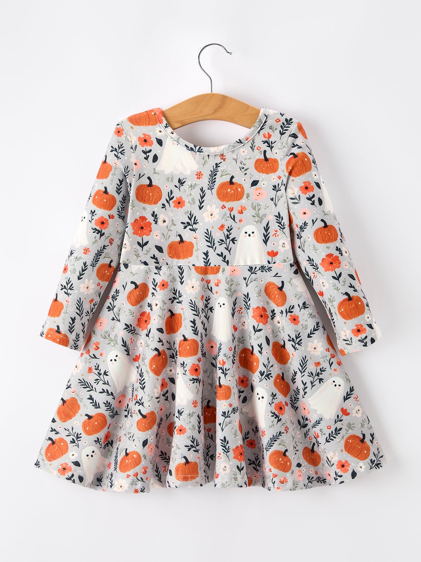 Polyester Spandex Twirl Dress, Halloween Pumpkin Ghost, Long Sleeve