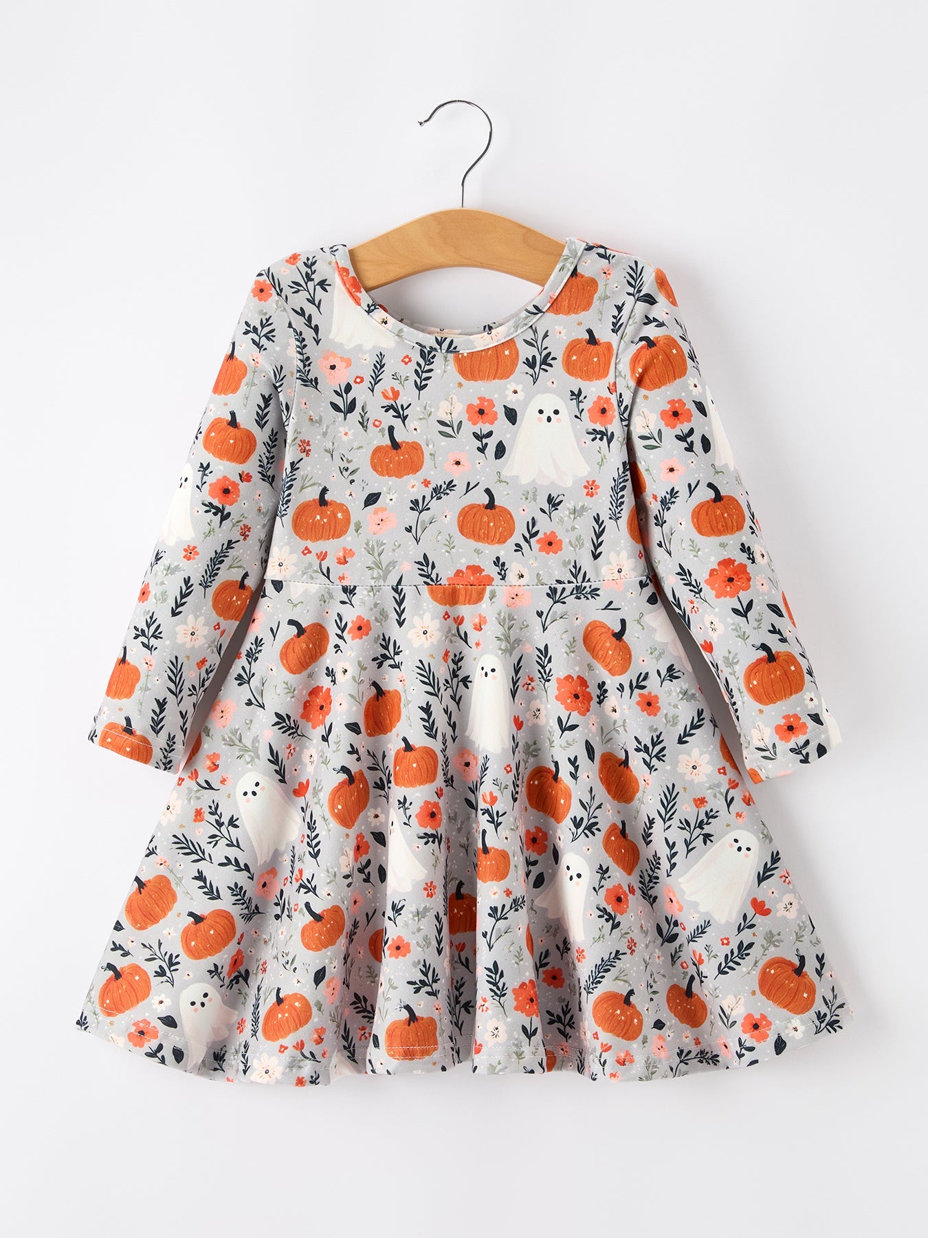 Long sleeve girls twirl dress with pumpkin, ghost, and floral Halloween prints