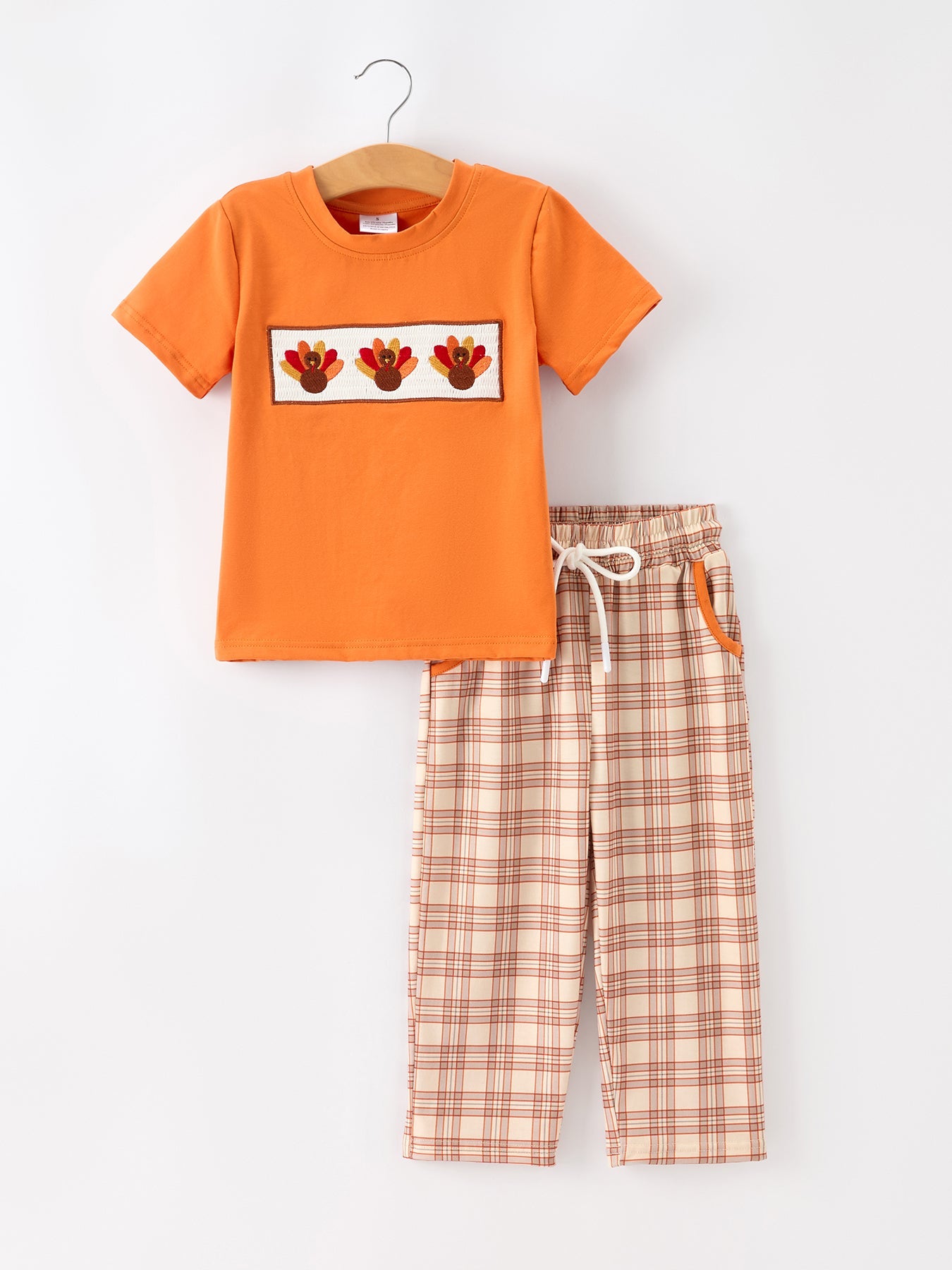 Boys pants set with embroidered turkey on the short-sleeve top and plaid pants