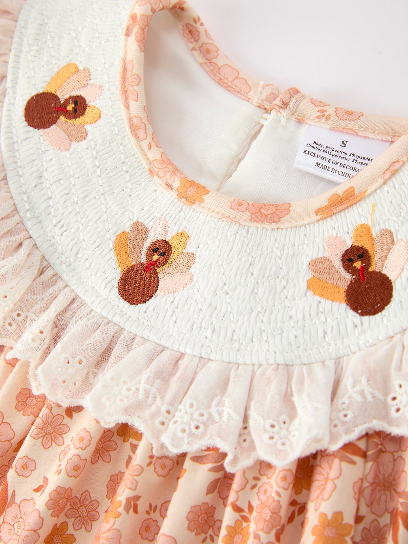 Polyester Blend Girls Dress, Thanksgiving Turkey Floral Lace Ruffle by Rylee Faith Designs