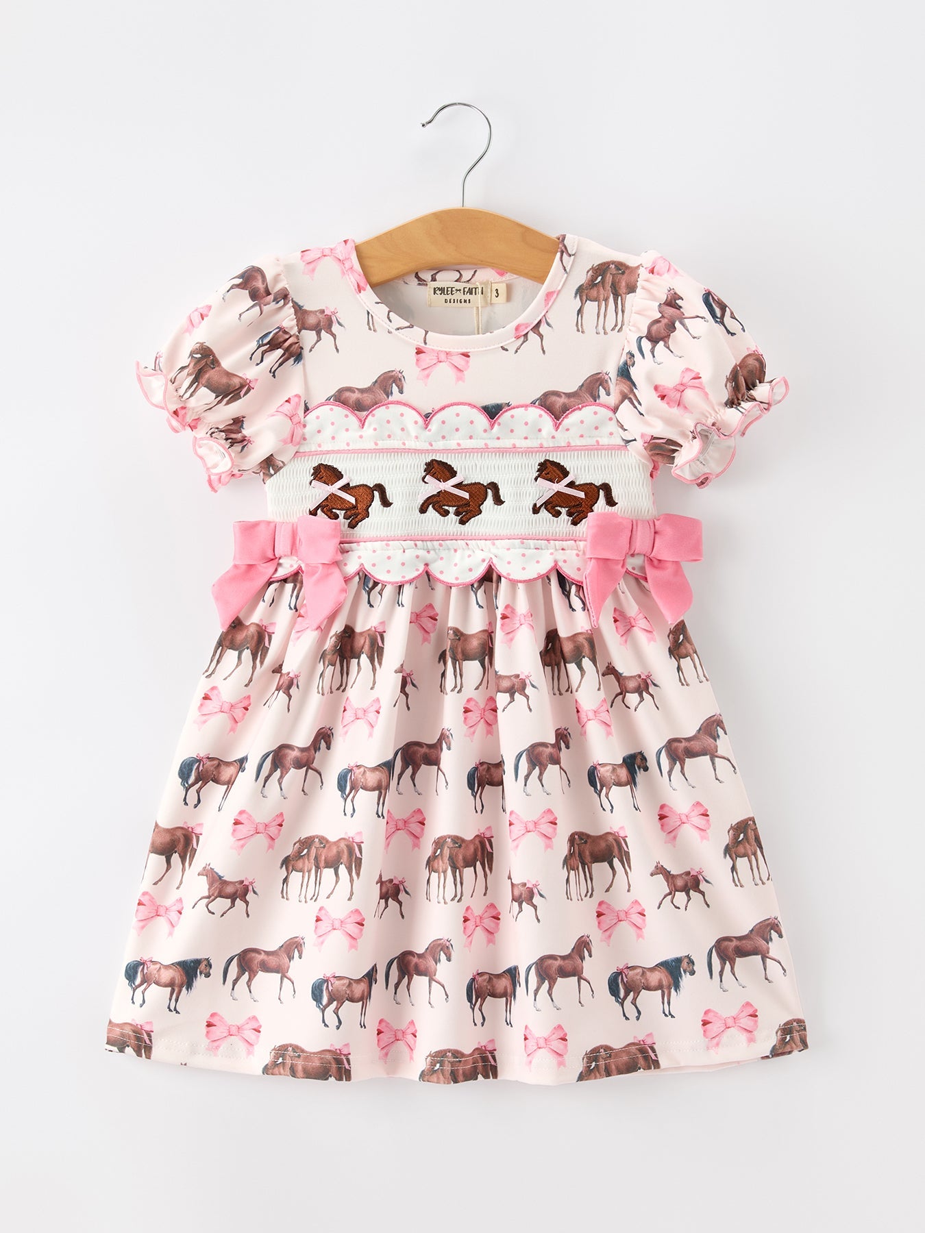 Western Horse Smocked Girls Dress Bow Ruffle Short Sleeve by Rylee Faith Designs at Everetts Place
