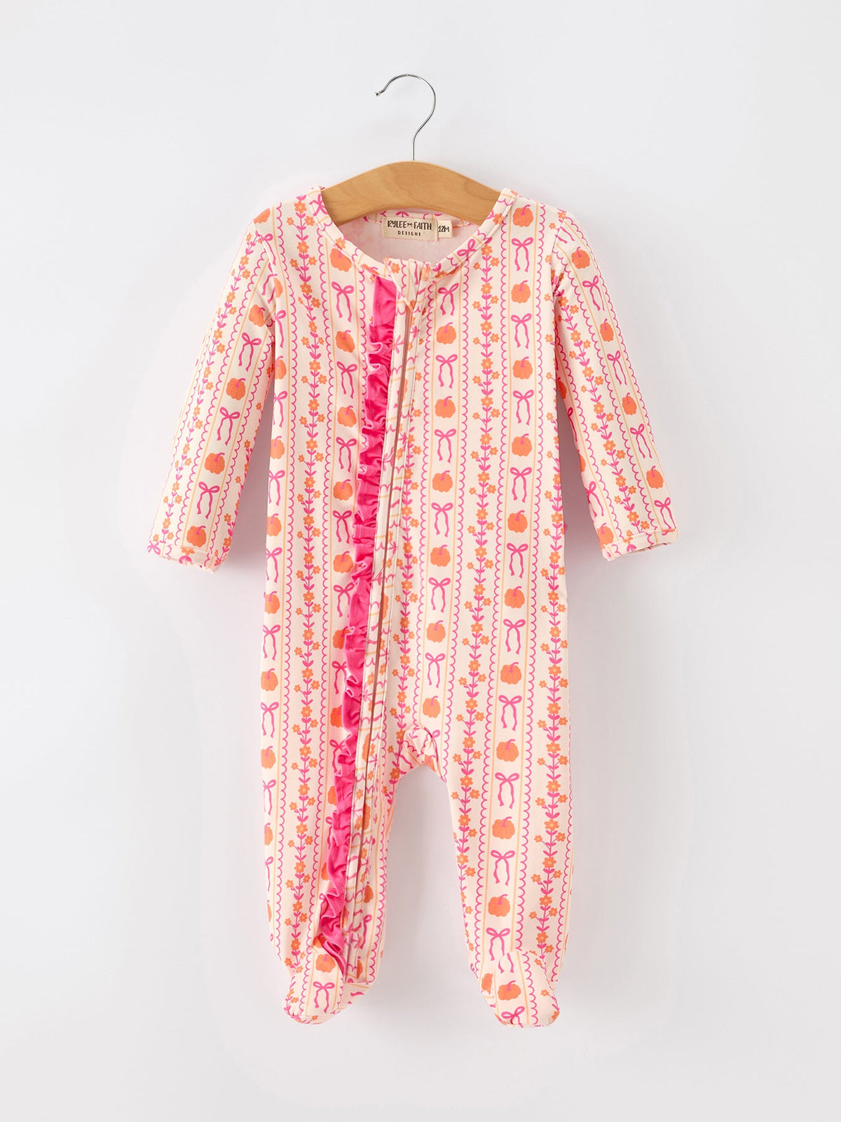 Polyester Spandex Baby Sleeper, Pumpkin Bow Print by Rylee Faith Designs