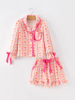 Polyester Spandex Pajama Set, Girls Pumpkin Bow by Rylee Faith Designs
