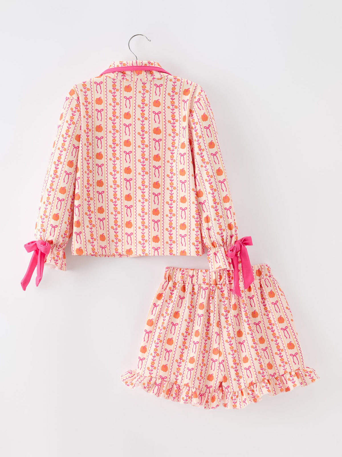 Polyester Spandex Pajama Set, Girls Pumpkin Bow by Rylee Faith Designs