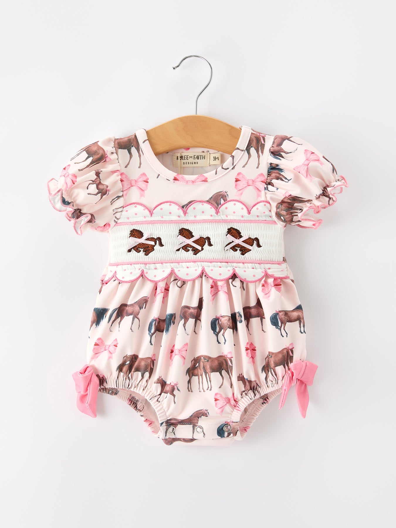 Western Horse Smocked Girls Romper Bow Ruffle Short Sleeve by Rylee Faith Designs at Everetts Place