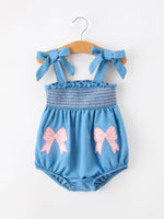 Summer Bow Baby Romper Smocked Strap Bubble Bow Applique by Rylee Faith Designs at Everetts Place
