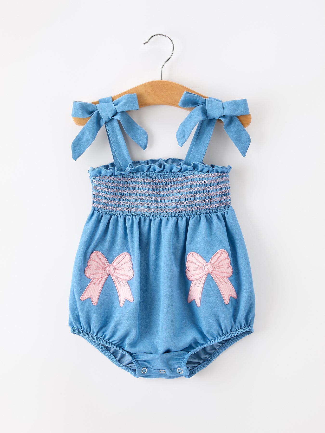 Summer Bow Baby Romper Smocked Strap Bubble Bow Applique by Rylee Faith Designs at Everetts Place